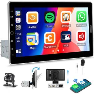 10.1Wireless Single Din Car Radio Stereo with Apple Carplay&Andriod Auto,IPS Touch Screen Radio with Bluetooth,Car Audio Receiver,Mirror Link,FM/AM/RDS/EQ,USB/AUX,SWC,Waterproof HD Backup Camera&Mic