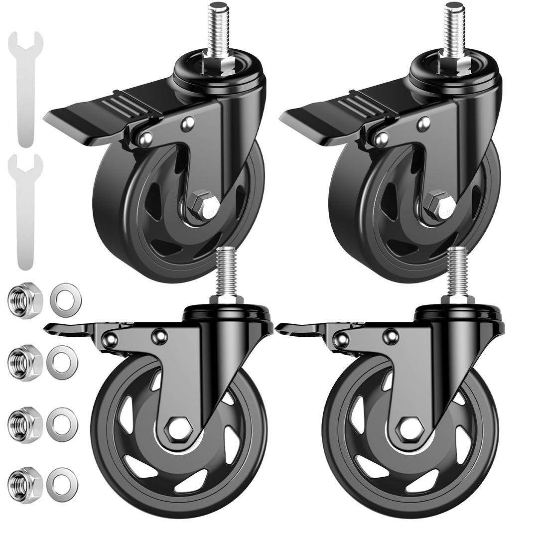 Casters Set of 4,3 inch Threaded Stem Caster Wheels,1/2"-13 x 1(Stem Diameter 1/2",Stem Length 1"), Heavy Duty Casters Black, Locking Swivel Caster Wheels with Brake