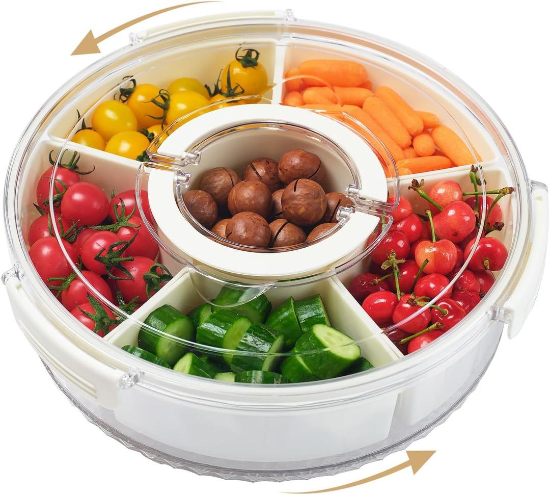 Rotating Divided Serving Tray with Lid and Handle,6 Compartments Snackle Box Container,12" Large Snack Spinner Lazy Susan,Fruit Veggie Tray Portable Round Snack Box Candy Fridge Organizer Platterbox
