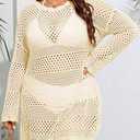 Beautife Womens Plus Size Swimsuit Cover Up Crochet Long Sleeve Mesh Knit Crew Neck Beach Coverup Dress, 29/37