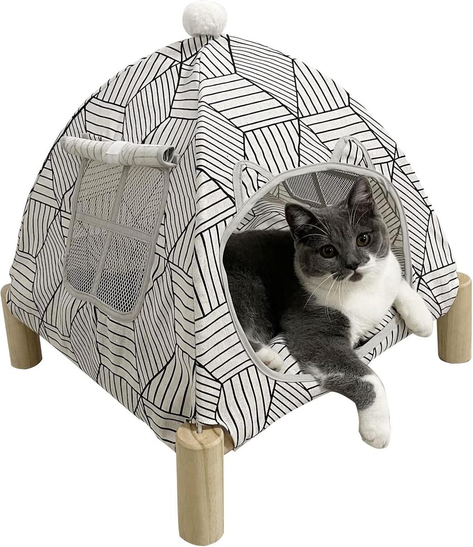 Pozico 2-in-1 Cat Bed Tent with Wooden Frame Cat Teepee & Hammock, Portable Indoor/Outdoor Pet Tent for Cats, Kittens, Small Dogs, and Small Animals Quick Assembly, White Diamond Design