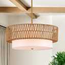 19" Rattan Chandelier 3-Light Vintage Farmhouse Hand-Woven Boho Hanging Light Fixture Modern Drum Wicker Rattan Gold Chandelier with Fabric Shade for Dining Room, Kitchen, Living Room
