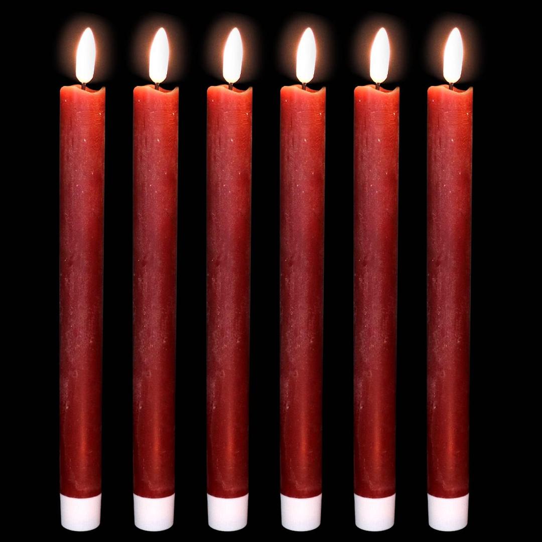 DRomance Red Flameless Taper Candles Battery Operated with 6H Timer, Real Wax 3D Wick Flickering LED Taper Candles Dinner Wedding Holiday Decor(6 Pack, 0.78 x 9.64 Inches)
