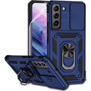 for Samsung Galaxy S22 Case with Camera Lens Cover HD Screen Protector, Dual Layer Military-Grade Drop Tested Magnetic Ring Holder Kickstand Protective Phone Case for Samsung Galaxy S22 5G (Navy Blue)