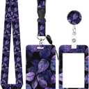5 x ID Badge Holder with Retractable and Detachable Lanyard, Cute Badge Reel Breakaway Lanyard with Carabiner Clip for Women, Teachers, Nurses, Students, Perfect Work and Office(Purple Leaves)