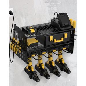 WellMall Power Tool Charging Station - 3 Layer Wall Mount Power Tool Organizer with Charging Station for Power Drill, 6AC Outlets, Great as Heavy Duty Tool Rack & Tool Holder for Garage Organization (Black-Metal Sheet Panels)