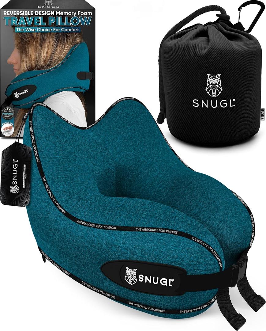 SNUGL Travel Pillow  Memory Foam Pillows - Neck Pillow for Airplane with Carry Bag & Clip  Neck Support Pillows for Pain Relief - Airplane Travel Essentials (Adult Regular - Teal)