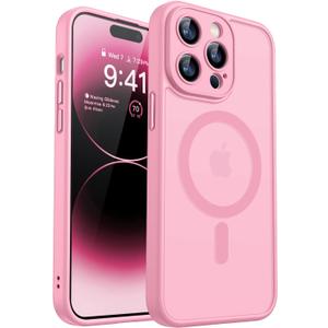 CANSHN Magnetic Compatible with iPhone 14 Pro Max Case, Upgraded [Full Camera Protection] [Compatible with Magsafe] [Translucent Matte] Shockproof Protective Phone Case Cover 6.7 Inch - Pink