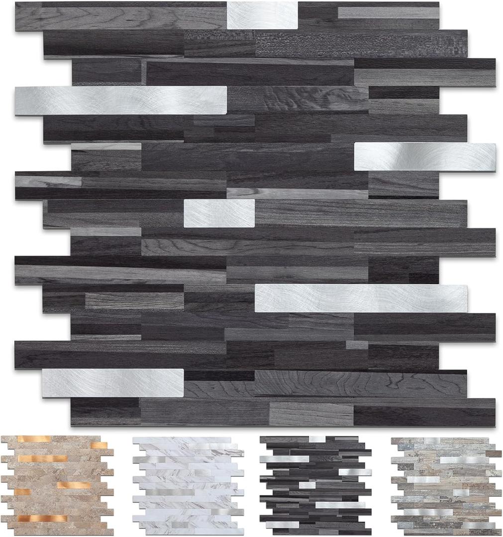 Midcard 10 Sheet Peel and Stick Backsplash Tile, Stick on Tiles for Backsplash Kitchen, Bathroom, Laundry Room, Camper, Fireplace. (20Trapezoidal Black Grey Wood with Metal Silver)