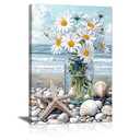 WENGTIAO Blue Beach Bunch of Flowers Canvas Wall Art Ocean Stones Paintings White Flowers in Full Bloom Wall Picture Canvas Print Artwork Wall Decor for Dining Office Living Room Bedroom 16"x24"