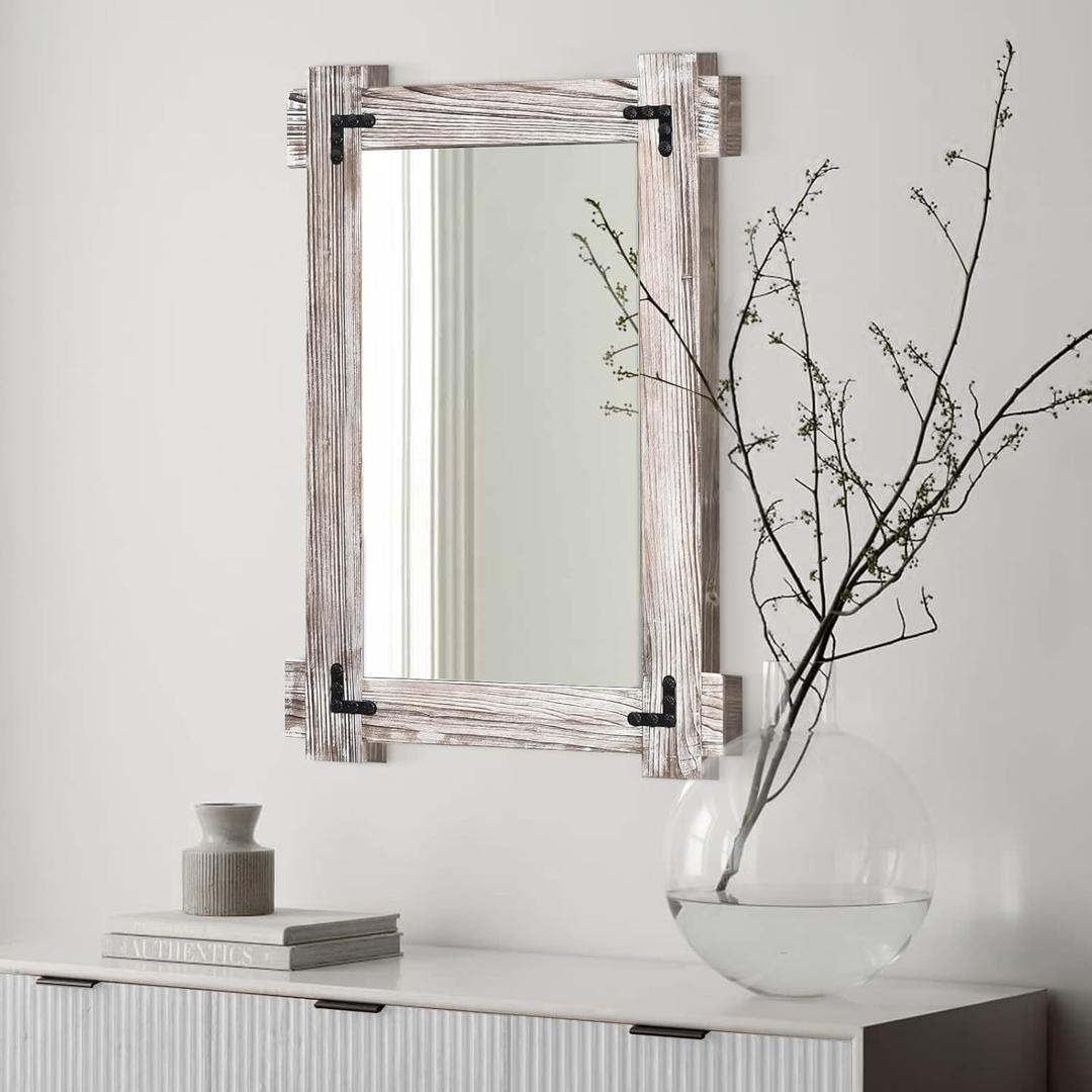 MeMoreCool Rustic Wood Framed Bathroom Mirror, Decorative Farmhouse Vanity Mirror, Wall Mounted Rectangular Mirror for Bedroom, Living Room, or Bathroom, Small 20x30 Inch, White
