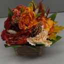 Flower Arrangement with Wooden Vase 8" Artificial Flowers in Pot - Fake Flowers Roses Peonies Hydrangeas in Wooden Vase Potted Artificial Flower Centerpieces for Table Decor Living Room - Burnt Orange