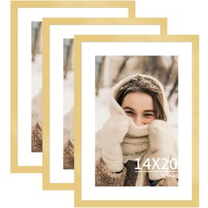 YESKAY 14x20 Picture Frame 3 Pack - Gold Poster Frame Display Pictures 11x17 with Mat or 14 x 20 Without Mat for Wall Hanging Horizontal and Vertical