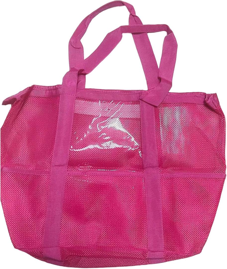 Mesh Beach Bag Multifunction Large with Pocket Waterproof Breathable Handbag for Vacation Essential Portable (Hot Pink)