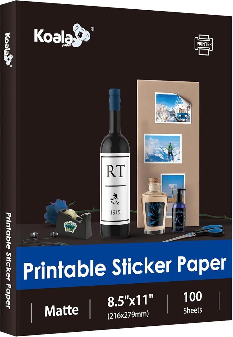 Koala 100 Sheets Sticker Paper for Regular Labels, Matte White, 8.5x11 Inch Printable Full Sheet Label Paper for Inkjet & Laser Printers