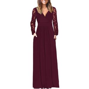 AUSELILY Womens Long Sleeve Maxi Dress 2026 Fall Lace Long Sleeve Dress V Neck Wrap Waist Long Dresses with Pockets, Size XL, Wine Red