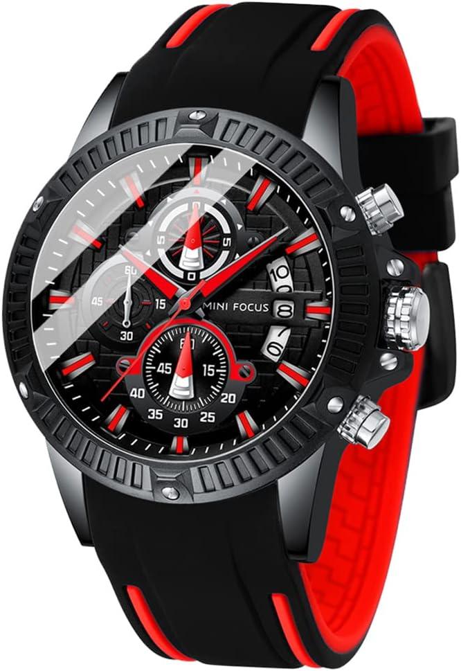 MF MINI FOCUS Men Watch, Chronograph Waterproof Sport Analog Quartz Watches Blue Silicon Strap Fashion Wristwatch for Men (H-black Red)