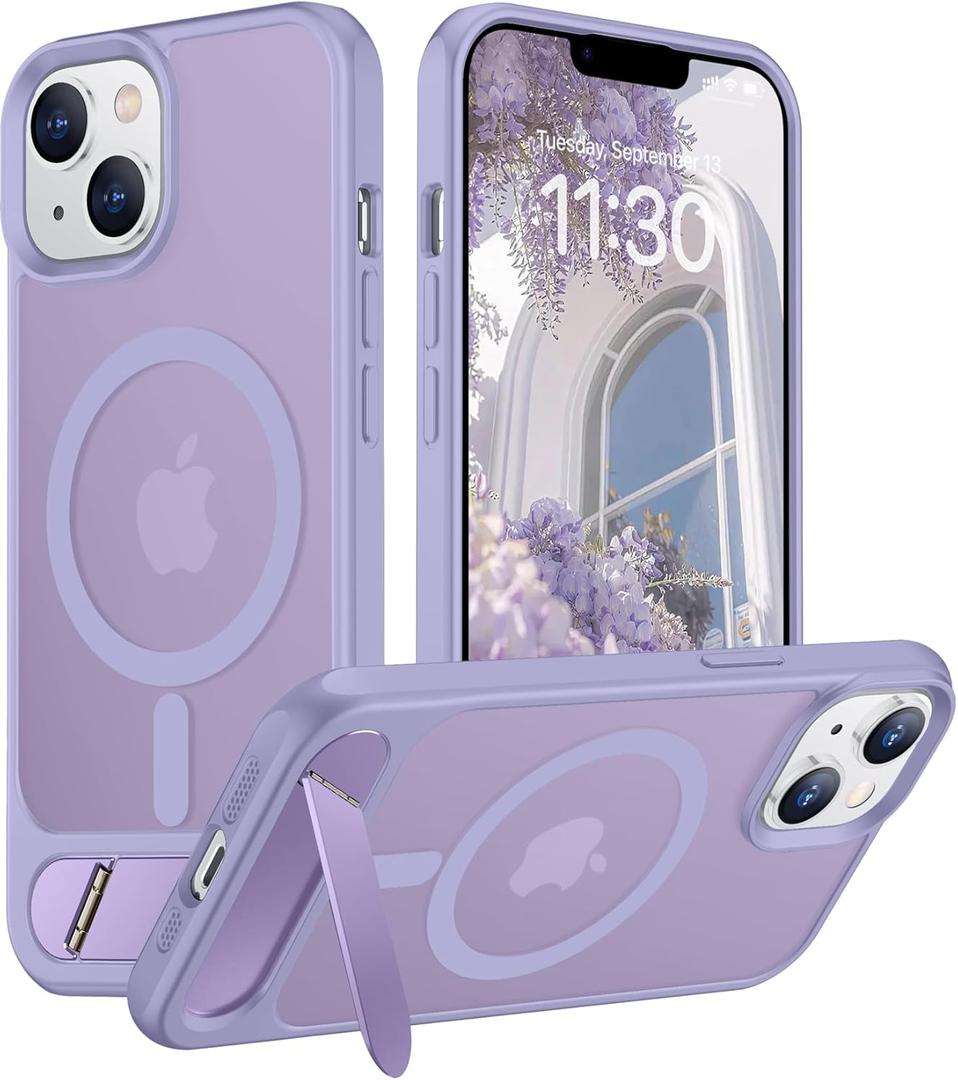 Temdan Magnetic Compatible with iPhone 14 Case/iPhone 13 Case,[Built-in Invisible Kickstand][Compatible with MagSafe][Military Grade Shockproof] Slim Translucent Matte Phone Case for iPhone 14/13 6.1" (Lavender Purple)