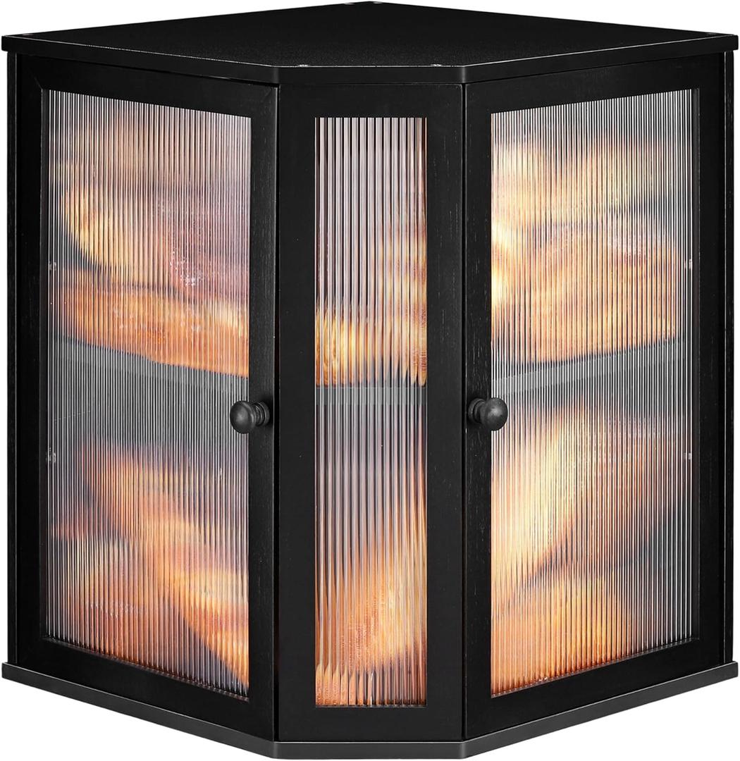 GLOKUUCA Corner Bread Box for Kitchen Countertop - Bamboo Large Capacity Bread Storage Bin with Acrylic Wavy Door Panel, Dual Door Bread Organizers Under Cabinet Mount Shelf (Black)