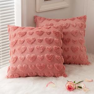 MIULEE Valentines Pillow Covers 18x18 Inch Set of 2 Valentines Day Coral Red Heart Love Decorative Cute Soft Plush Faux Fur Throw Pillows for Girl Couch Sofa Bedroom Holiday Home Decor