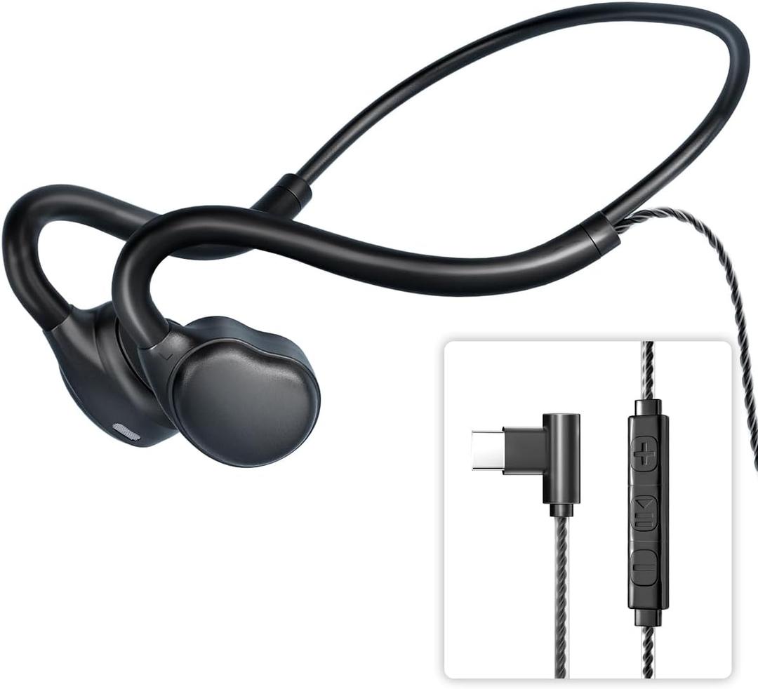 USB C Wired Headphones,Open Ear Headphones with Mic Air Conduction Wired Earbuds with Premium Sound Headset Perfect for with New iPhone 15 & 16, Samsung & Android Type C Phones- Black