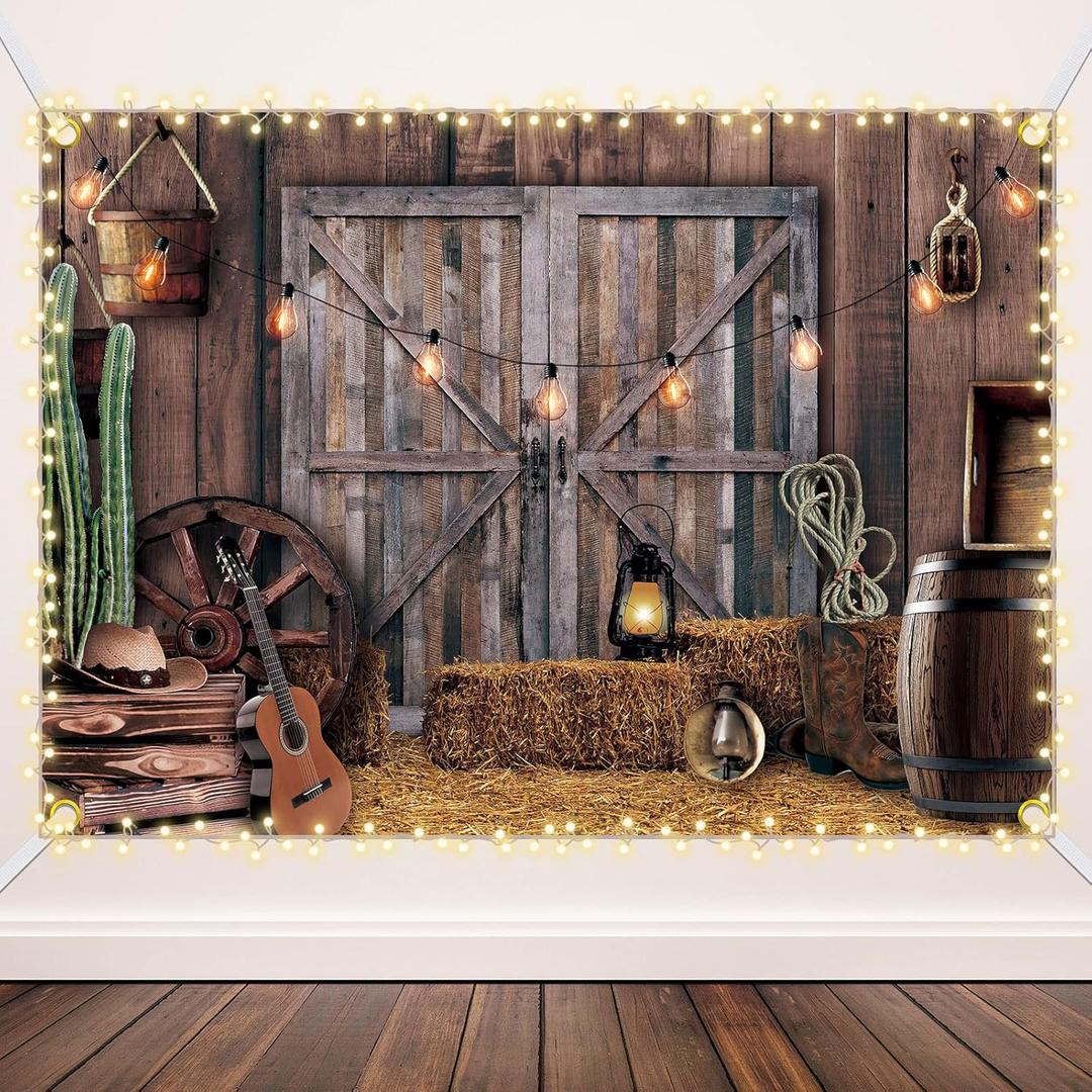 Moukeren 13 x 6 ft Western Party Backdrop Western Cowboy Party Decoration Wild West Decor Wooden House Barn Photo Background for Birthday Wedding Supply