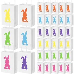 Silkfly 48 Pieces Easter Bunny Gift Bags Bulk White Easter Party Favor Bags with Handle Treat Bunny Candy Goodies Favor for Party Supplies Decoration