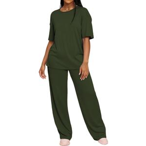 HBQ Women's 2 Piece Outfits Loose Fit Tops Wide Leg Pants Short Sleeve Lounge Matching Sets Sweatsuits, Small