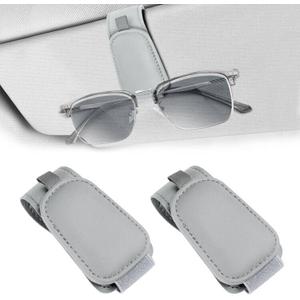 Teraves 2 Pack Sunglass Holder Clip for Car Visor, Upgrade Magnetic Leather Visor Sunglasses Clip, Easy to Hold Your Glasses Eyeglasses, Grey