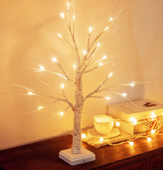 Valentines Day Lighted Birch Tree Decorations, 24 Inch Small Table Top Artificial LED Light Trees Decor with White Branches , 1 Timer USB & Battery Operated, Pack 2
