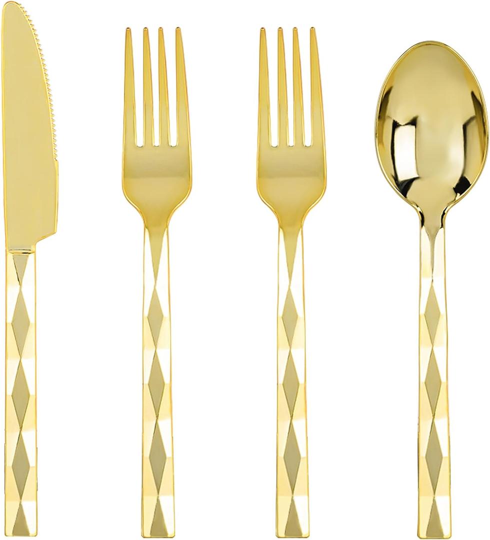 Lullaby 200PCS Gold Plastic Silverware, Heavy Duty Disposable Cutlery Set Include 100 Forks, 50 Spoons, 50 Knives, Perfect for Wedding, Party, Gathering and Daily Use