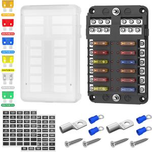 DaierTek 12 Way Fuse Block, 12 Volt Blade Fuse Block with LED Indicator 12 Circuit Fuse Box 12V ATO/ATC Marine Fuse Panel 24V with Waterproof Cover Fuse Terminals for Automotive Boat Car RV