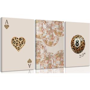 3Pcs Trendy Leopard Disco Ball Canvas Wall Art Preppy Ace Cards Poster Prints Leopard 8 Ball Wall Decor pictures Stylish Lucky Printings Artwork for Women Bedroom Living Room Bathroom Decoration (16L"x12W")