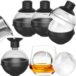 Large Round Ice Ball Maker Mold Silicone for Whiskey - Set of 4 with 2-in-1 Funnel Lid - 2.4 Inch Big Sphere Ice Mold for Cocktails Bourbon - Easy Release - Perfectly Round Ice Cube Tray (Black)