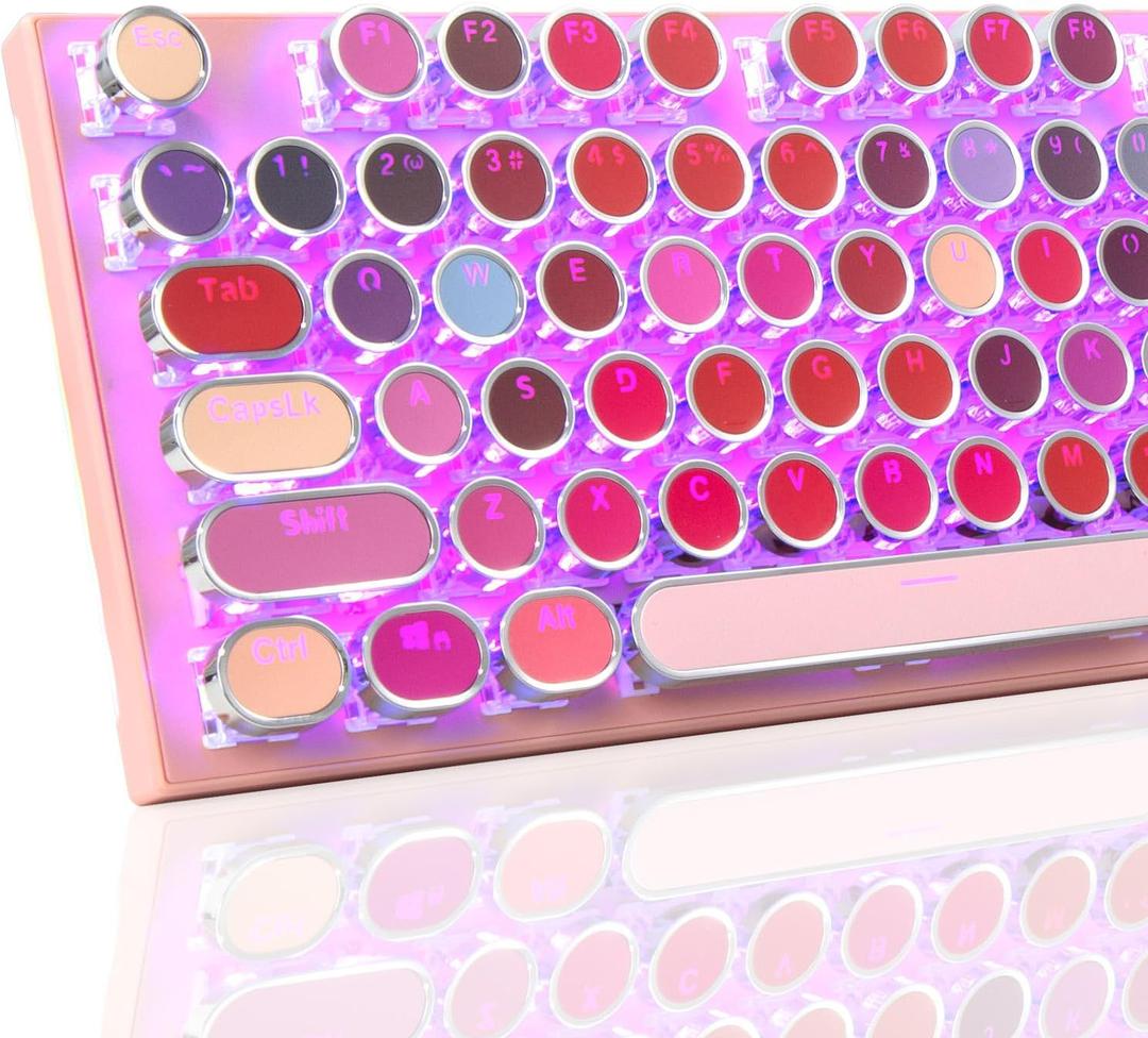 HUO JI Mechanical Gaming Keyboard Typewriter Style with RGB Side Lit and Purple LED Backlit, Retro Style, Blue Switches - Clicky, Metal Panel, Lipstick 104 Keys USB Wired for Mac, PC, Cute Pink