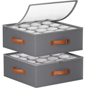 Foyego 2 Pack Coffee Mug Storage Box with Dividers, Stackable China Storage Containers with Lid, Zipper, and Handles for 32 Mugs and Cups, Mug Storage Organizer for Packing & Moving, Gray