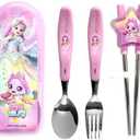 Teenieping Character Dinnerware Set with Case, Cutlery Set, Fork, Spoon, Tableware, Training Chopsticks for Beginners with Silicone Rings (Auroraping)