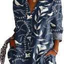 Womens Tops Long Sleeve Button Down Shirt with Floral Print, Hawaiian Blouse for Office, Beach, Vacation (XXL)
