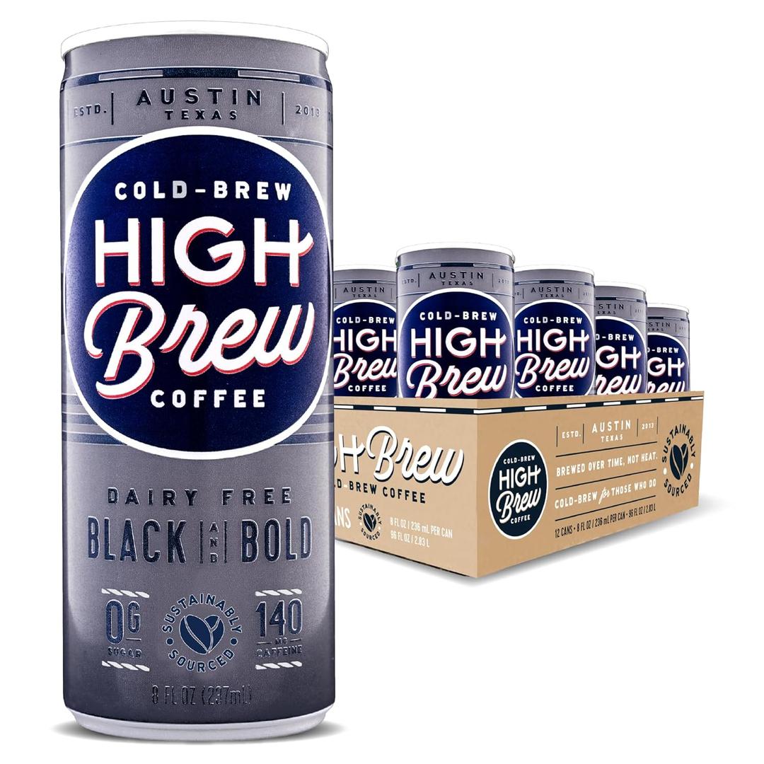 High Brew Black & Bold Cold Brew Coffee, Caffeinated, Dairy Free, 8 Ounces (Pack Of 12), Best By 08 DEC 26