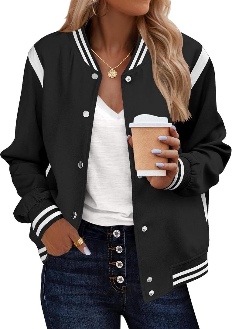 Zeagoo Bomber Jacket Women Varsity Casual Button Down Lightweight 2026 Spring Fashion Short School Outfits with Pockets (Black, M)