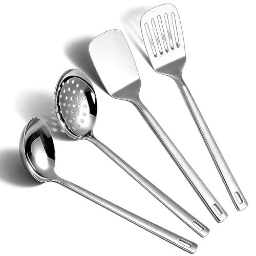 ReaNea Stainless Steel Kitchen Utensils Set, 4-Piece – Slotted Turner, Solid Turner, Skimmer & Ladle – Rust-Resistant, Long Handle, Hanging Loop, Dishwasher Safe – Everyday Cooking & Serving