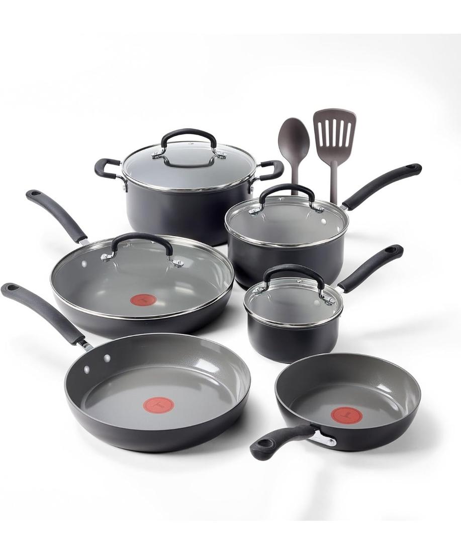 T-Fal Ultimate Hard Anodized 12-Piece Ceramic Nonstick Cookware Set, Oven Safe Up to 400F, Ceramic Pots and Pans Set, Frying Pans, Saucepan, Stockpot, Cooking Utensils, Stone