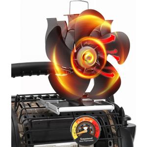 Wood Stove Fan Compatible for Buddy Heater, Heat Powered Fireplace Fan Thermometer with Bracket Compatible for Heaters, Camping Outdoor Indoor Use, 5 Blades Stove Fans Non Electric