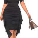 acelyn Women’s Sexy Summer Ruched Bodycon Midi Dress Casual Short Sleeve Ruffle Side Fitted Dresses (Black, XL)