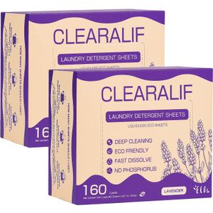 Laundry Detergent Sheets (160 Sheets), Lavender, Up to 320 Loads - Great For Travel, Apartments, Dorms, CLEARALIF Laundry Detergent Strips Eco Friendly & Hypoallergenic (80 Count, Pack of 2)