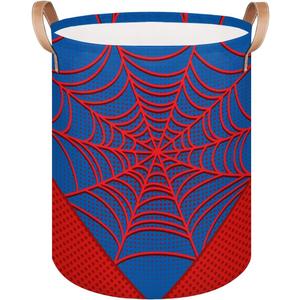 Large Laundry Hamper Basket Blue Spider Web Round Collapsible Storage Organizer Bin for Kids Room, Boys, Nursery, Closet, Bedroom, Playroom, Toys, Dirty Clothes, 16"W x 20"H