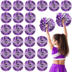 Yunsailing 24 Pack Cheerleading Pom Poms with Baton Handle 14.5 Inch Metallic Cheering Squad Pompoms for Team Sports Football Dance Cheering Adults(Purple and Silver)