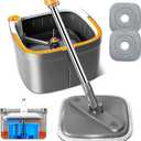 KZKR Spin Mop and Bucket Set with 2 Replaceable Microfiber Mop Pads with Self Separation Dirty and Clean Water System, Self Wringing 360 Rotating Square Mop Head for Hardwood Tile Marble Floors (1.0 Mop Bucket Set with 2 Pads)