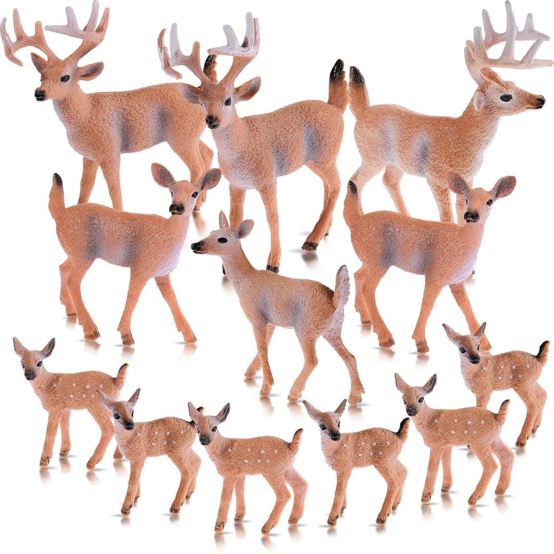 12 Pieces Deer Figurines Toy Realistic Deer Family Figurines Forest Animals Figures Miniature Woodland Creatures Miniature Cake Toppers for Christmas Birthday Party Bridal Shower