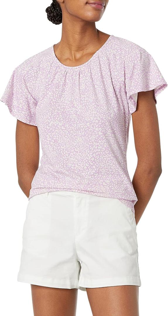 Amazon Essentials Women's Classic-Fit Cape Sleeve Open Crewneck T-Shirt (Lilac Animal), XS 